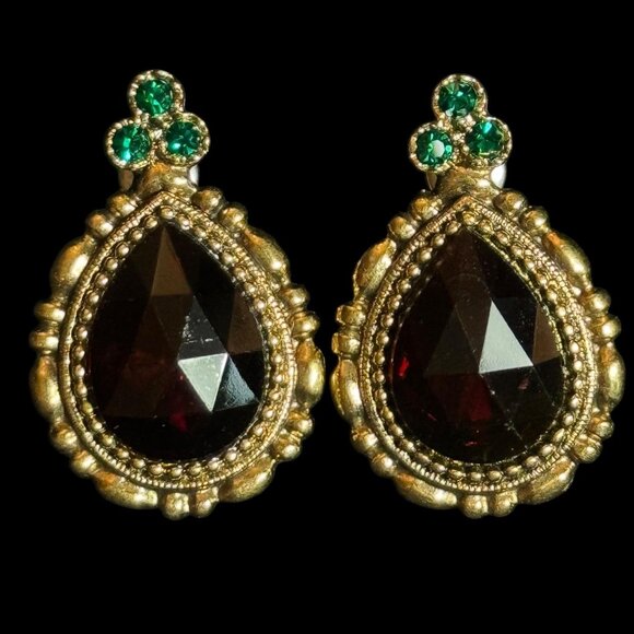 Vintage Pear shaped drop earrings Red cut glass Pierced - Picture 2 of 10